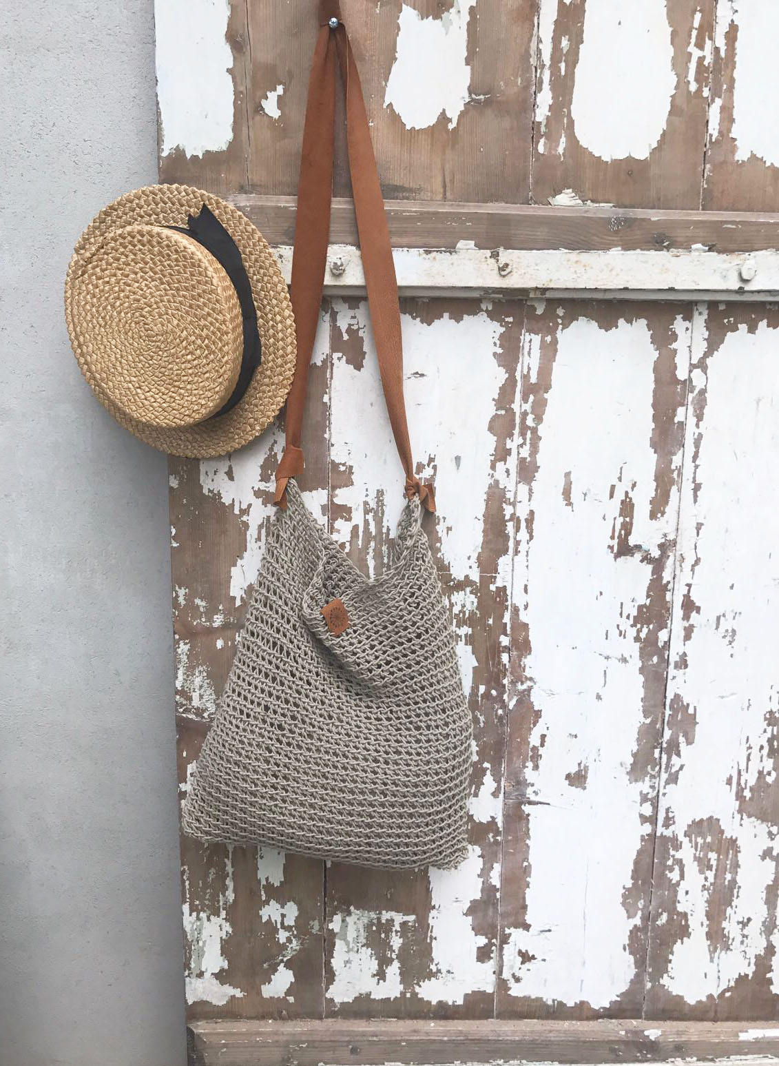 Linen Tote Bag, Rustic Shoulder Bag, Natural Summer Bag with Leather strap, Crochet tote bag, Beach bag, Crochet bag, Boho Shoulder Bag