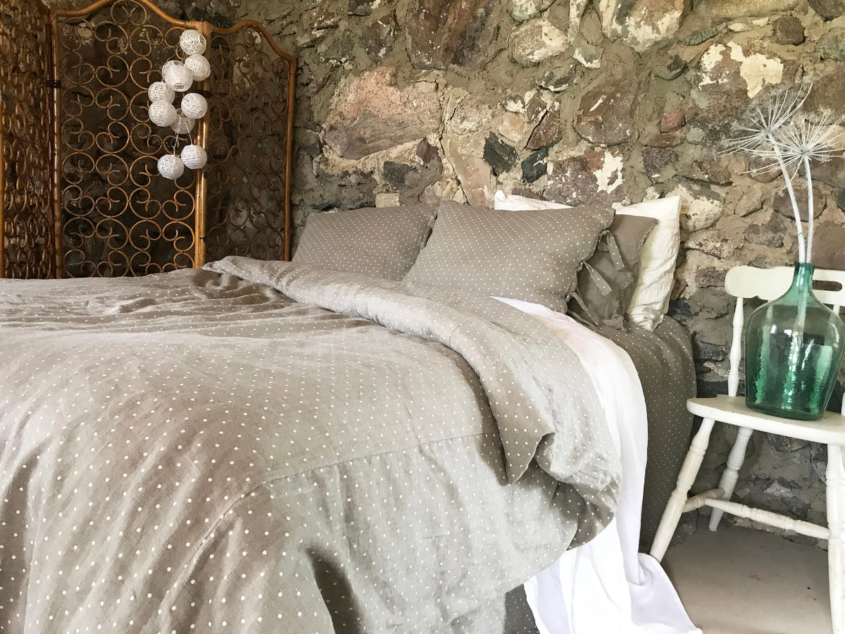 Linen duvet cover, polka dot linen bedding, natural duvet cover queen, king, twin custom natural 100% pure linen by Linenbee polka dot cover