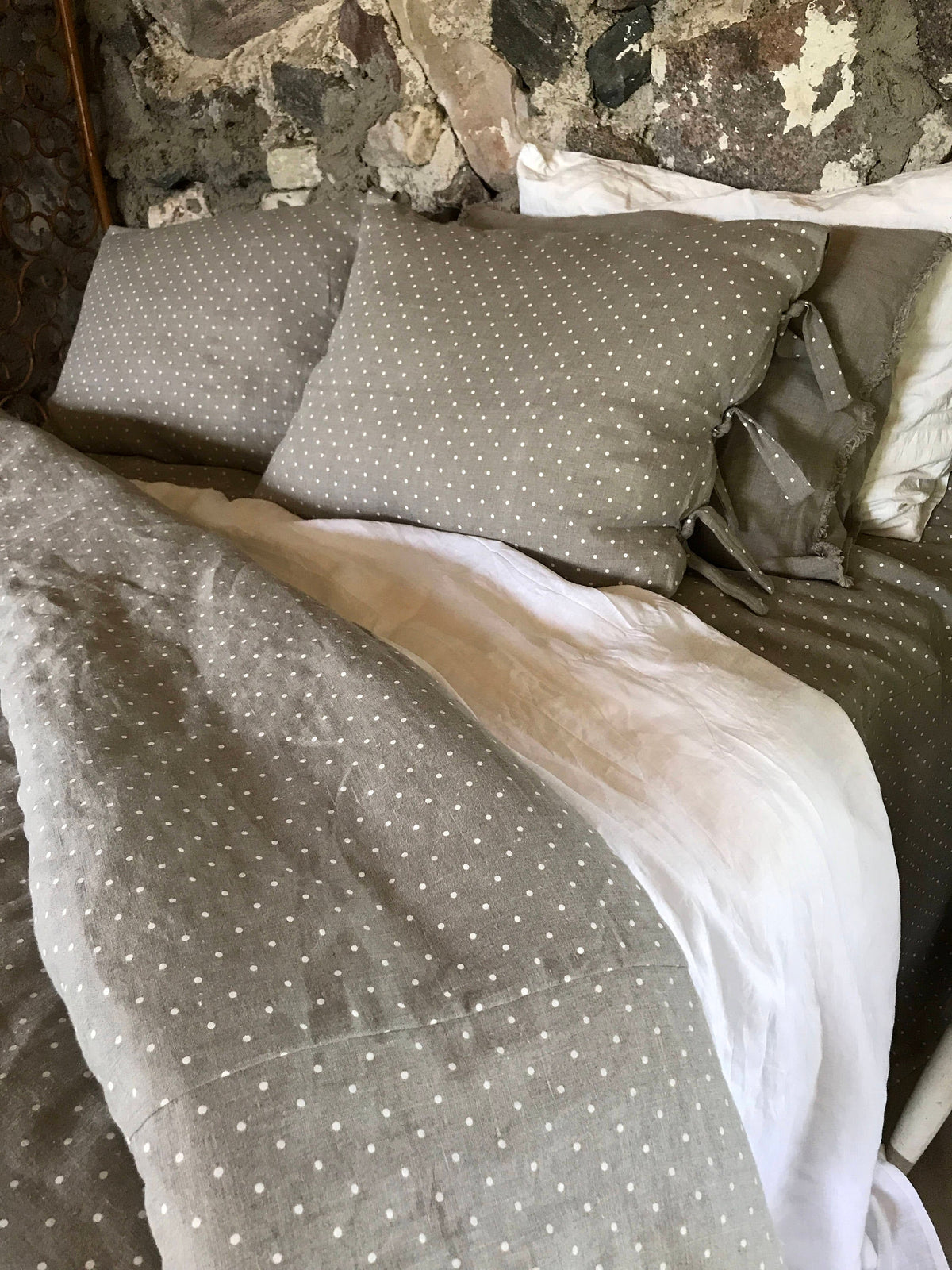 Polka Dot Linen Pillowcases, Set of Two Linen Pillowcases with white polka dots, Sham, Queen, King, Standard by Linenbee Natural Linen