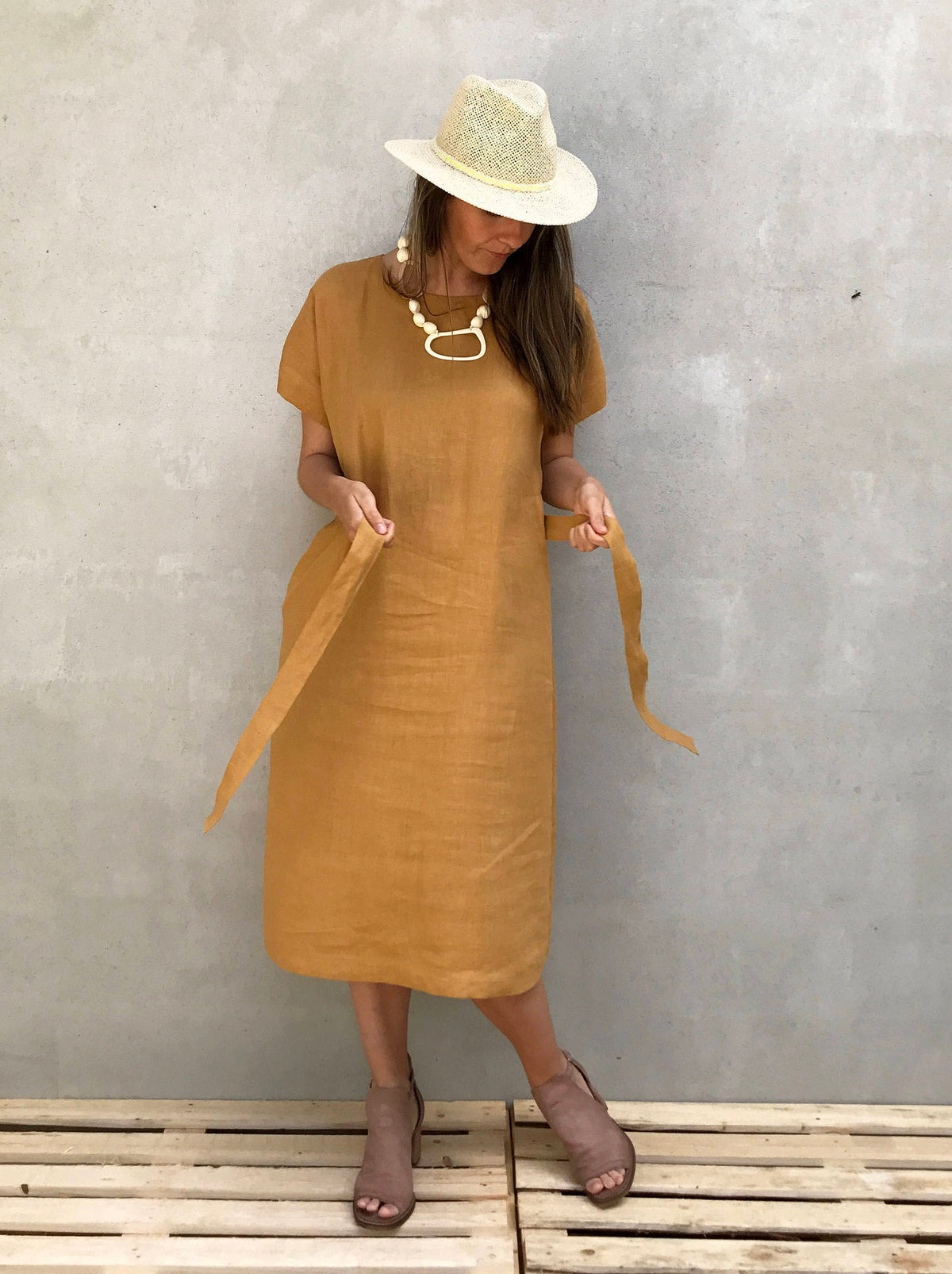 Long Linen Tunic Dress 'Rebecca' with Short Sleeves - Linenbee Long Linen Tunic Dress 'Rebecca' with Short Sleeves - Linenbee