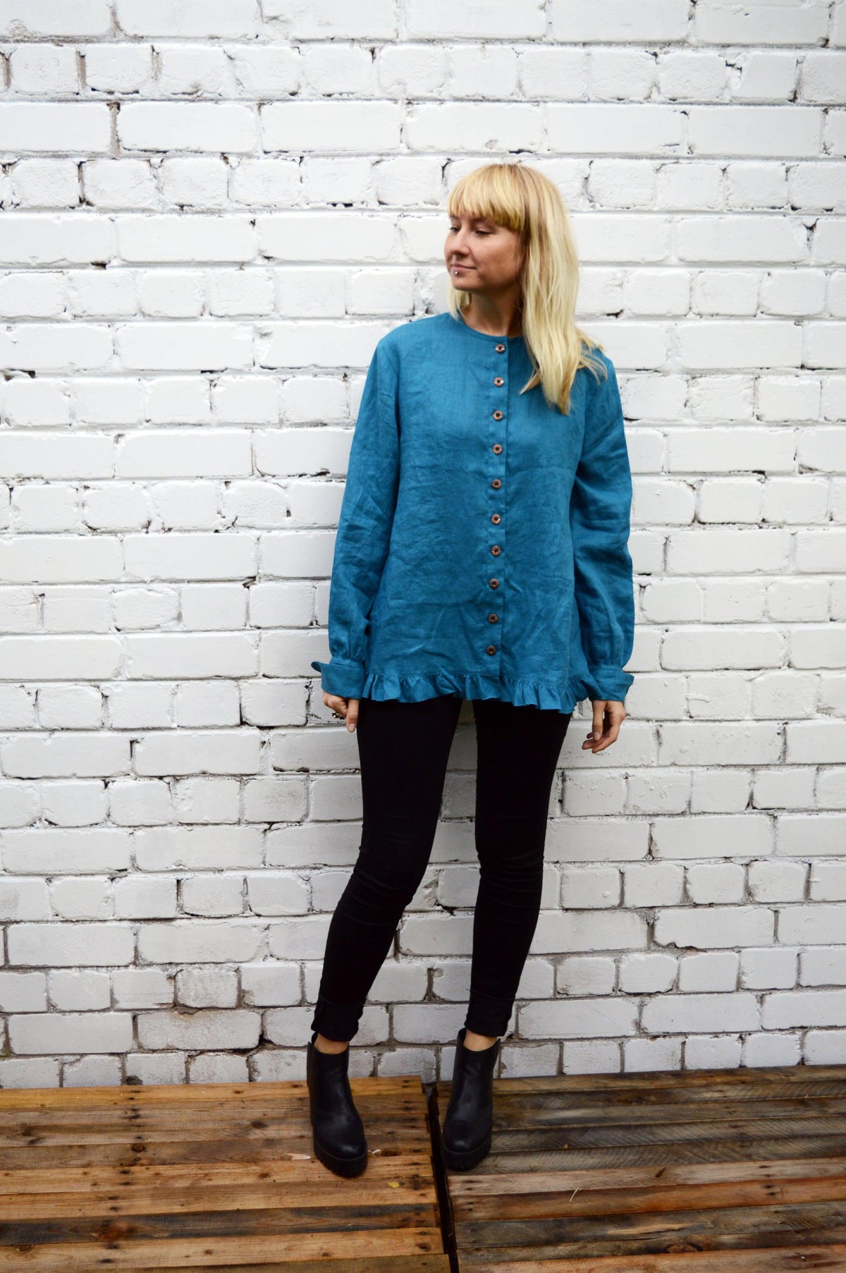 Linen Button up blouse with Ruffle, Loose Linen Jacket women, Linen Top with buttons, Linen Jacket Women, Plus Size Jacket Top Linen