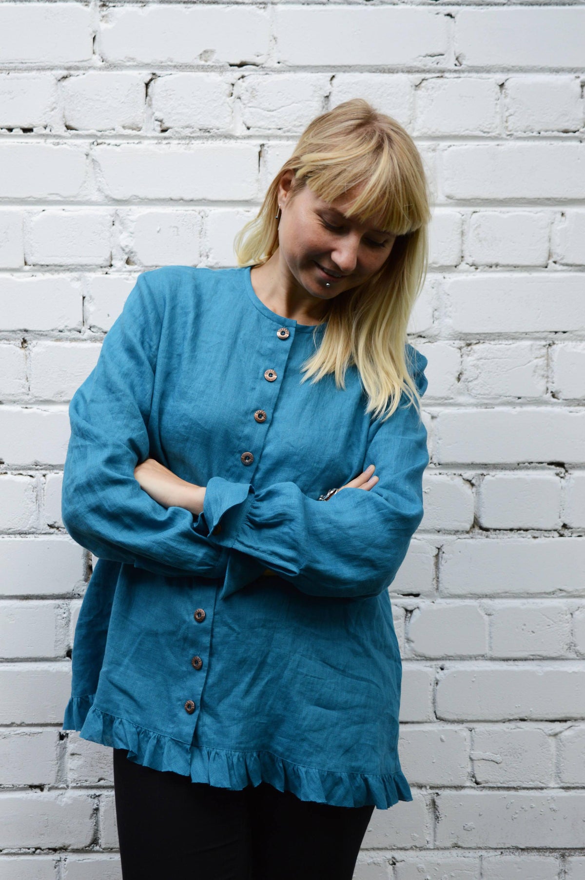 Linen Button up blouse with Ruffle, Loose Linen Jacket women, Linen Top with buttons, Linen Jacket Women, Plus Size Jacket Top Linen