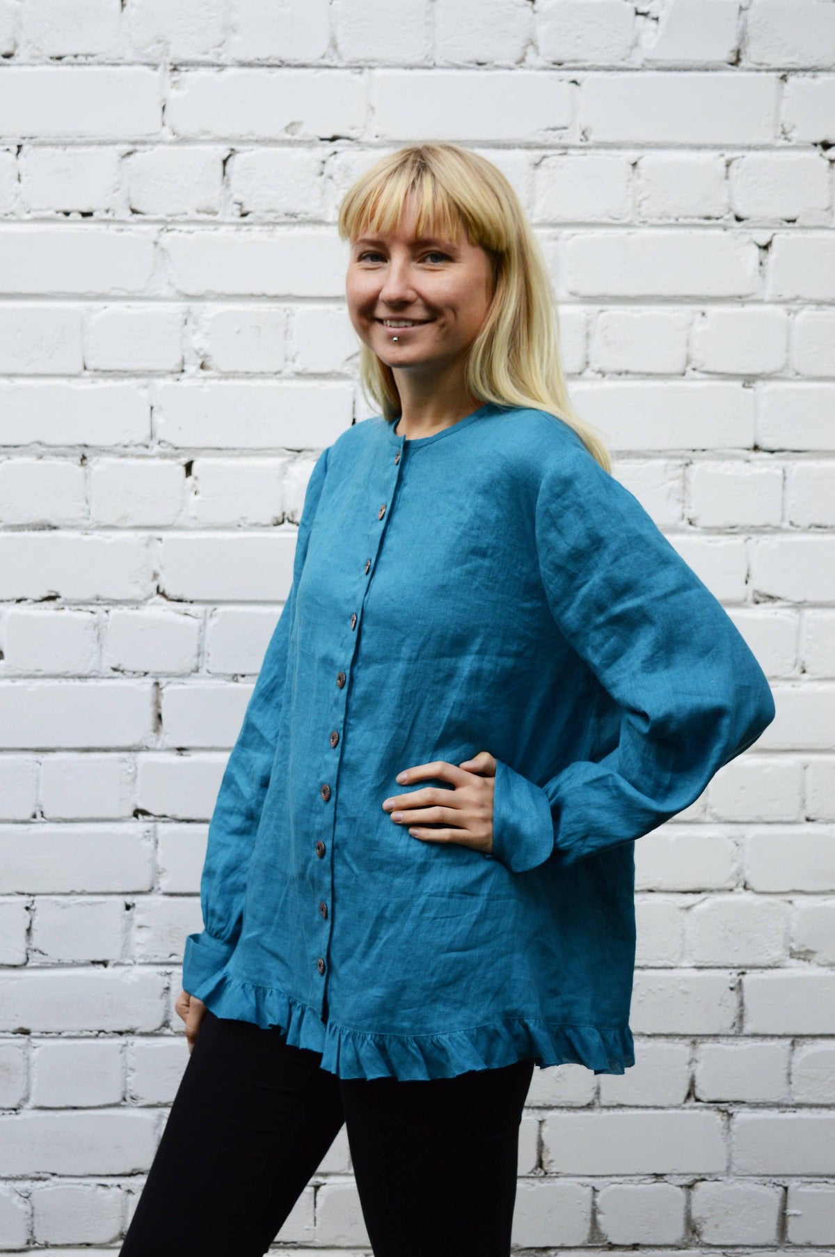 Linen Button up blouse with Ruffle, Loose Linen Jacket women, Linen Top with buttons, Linen Jacket Women, Plus Size Jacket Top Linen