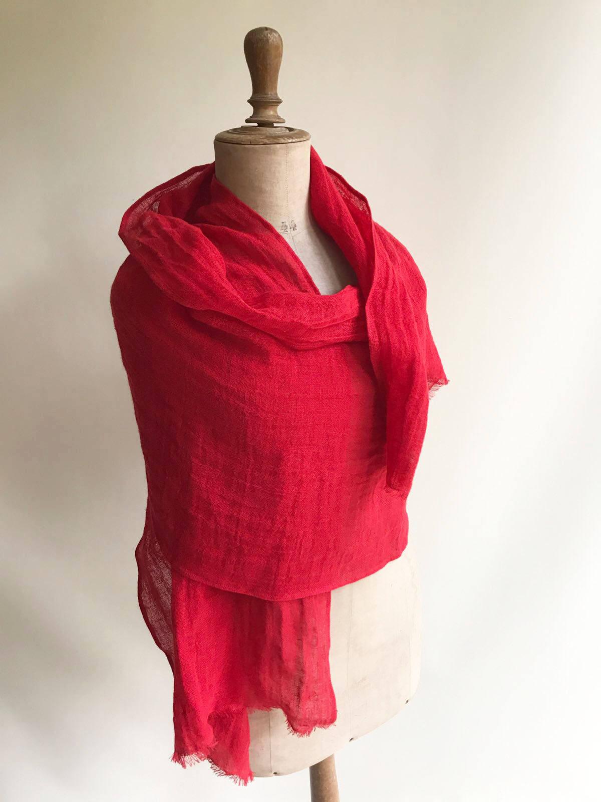 Red Linen Scarf, Eco friendly Scarf, Scarf for Her, Boho Scarf, Pure Linen Scarf, Wrinkled Scarf Red, Light Scarf Red Scarve Linen