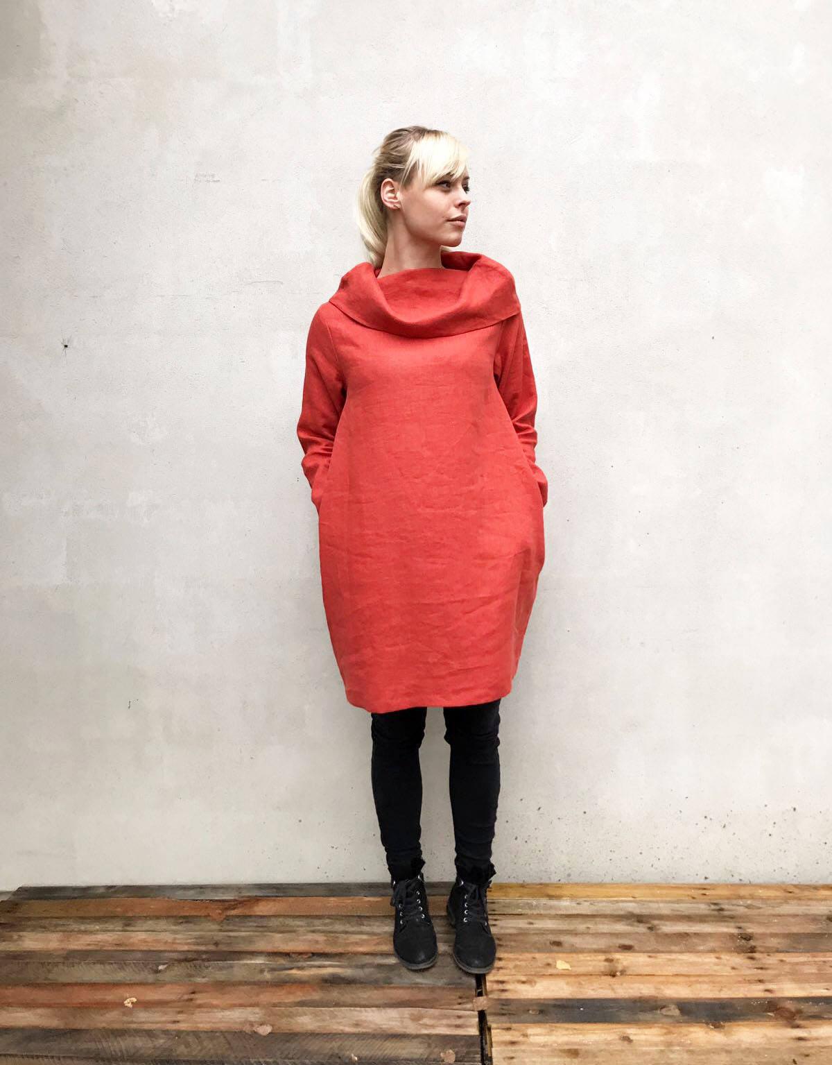 Linen Tunic Dress with Raised Neck, Womens Dress, Linen Dress, Long Sleeve Tunic Dress, Plus size tunic, Linen Dress for Women, Womens tunic