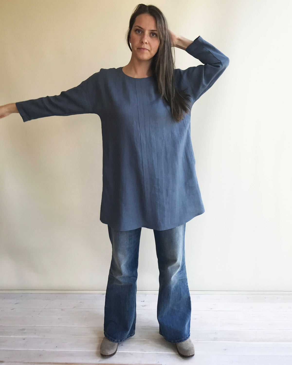 Blue Linen Tunic Dress with Long Sleeves Size M
