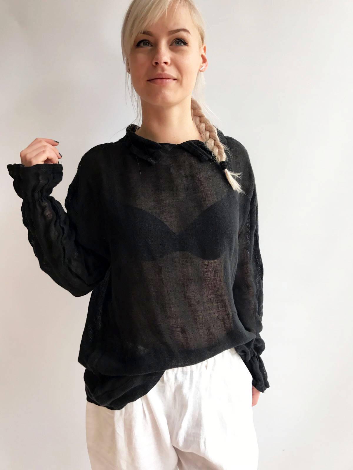 White Gauze Top with Ruffled Cuffs, Linen Blouses For Women, Light Blouse Women, Black Blouse, White Blouse, Gauze Blouse, Gauzy Linen Top