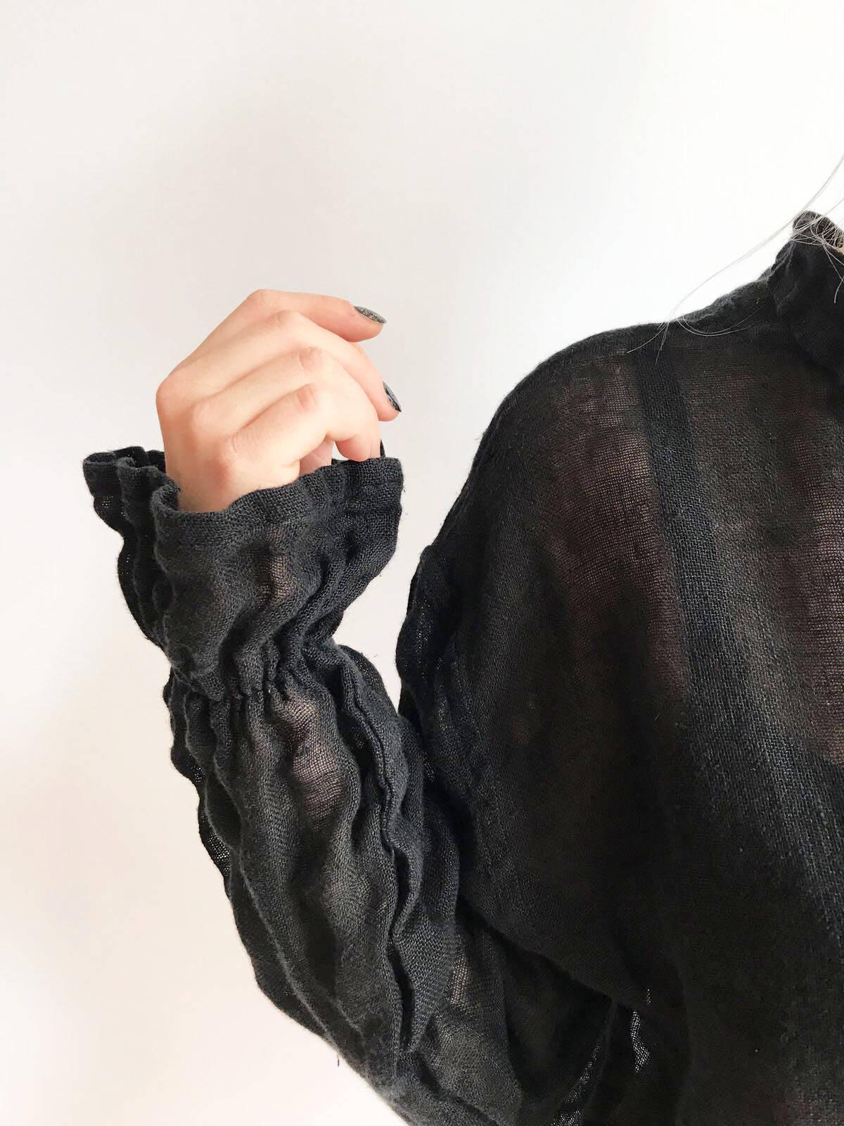 Black Gauze Top with Ruffled Cuffs, Linen Blouses For Women, Light Blouse Women, Black Blouse, White Blouse, Gauze Blouse, Gauzy Linen Top