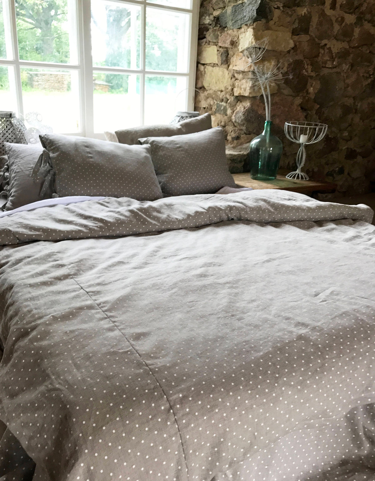 Linen duvet cover, polka dot linen bedding, natural duvet cover queen, king, twin custom natural 100% pure linen by Linenbee polka dot cover