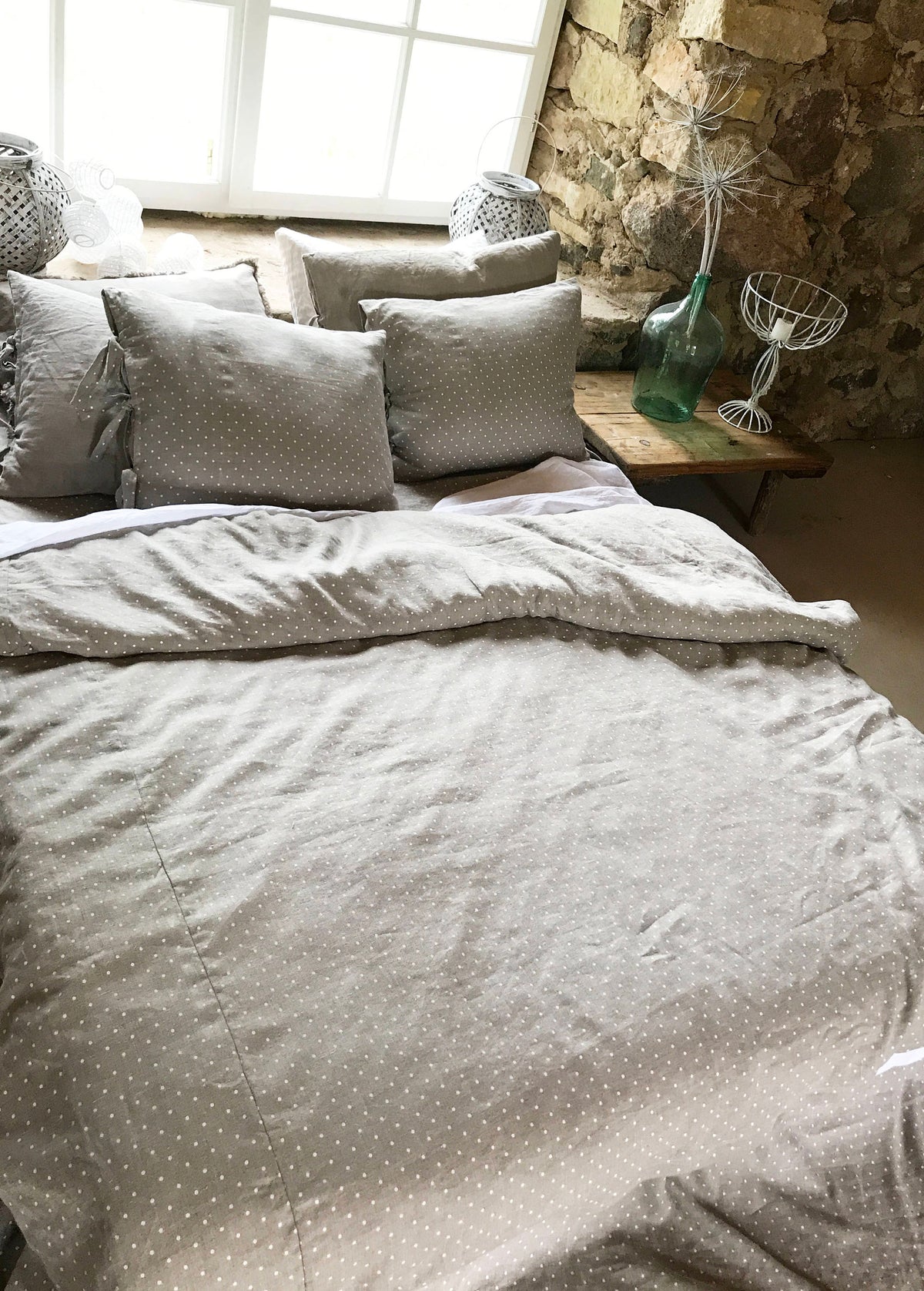 Linen duvet cover, polka dot linen bedding, natural duvet cover queen, king, twin custom natural 100% pure linen by Linenbee polka dot cover