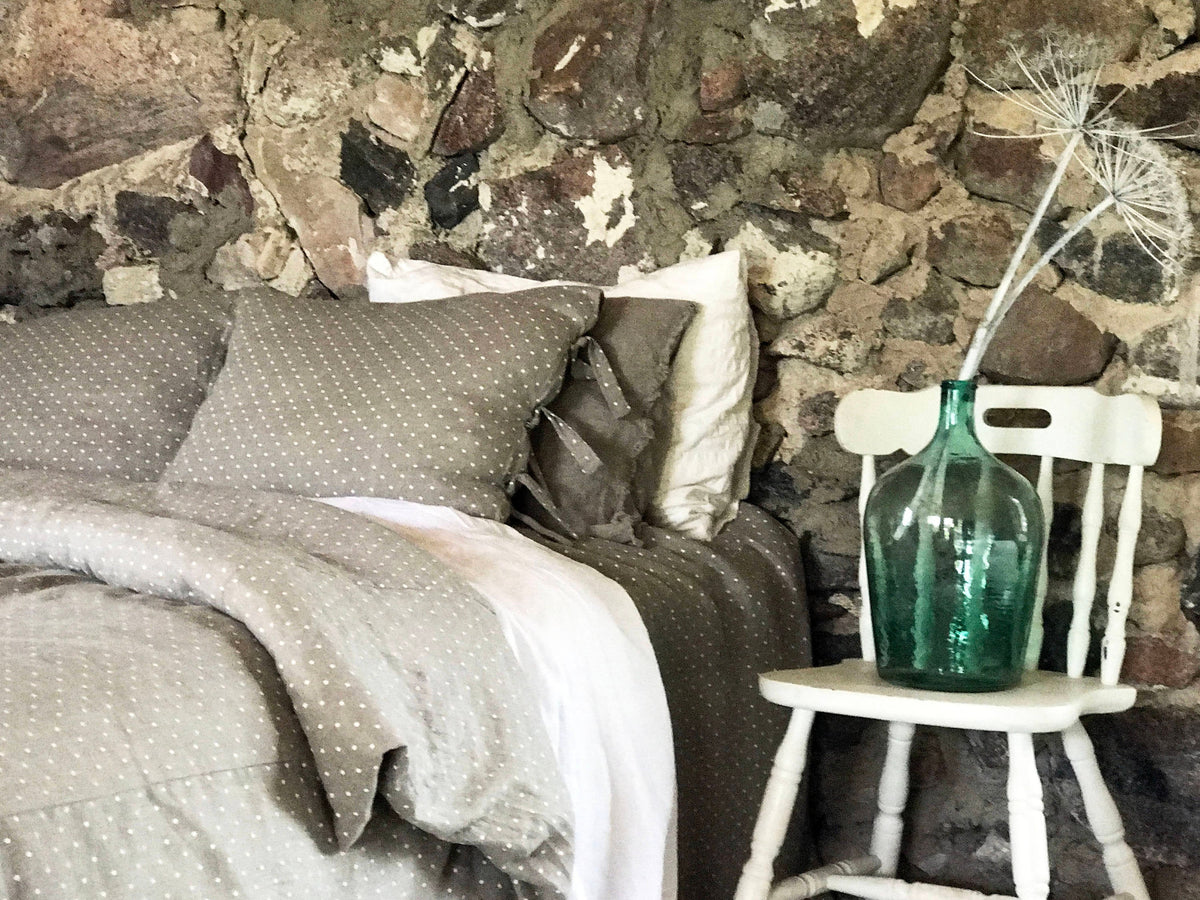 Polka Dot Linen Pillowcases, Set of Two Linen Pillowcases with white polka dots, Sham, Queen, King, Standard by Linenbee Natural Linen