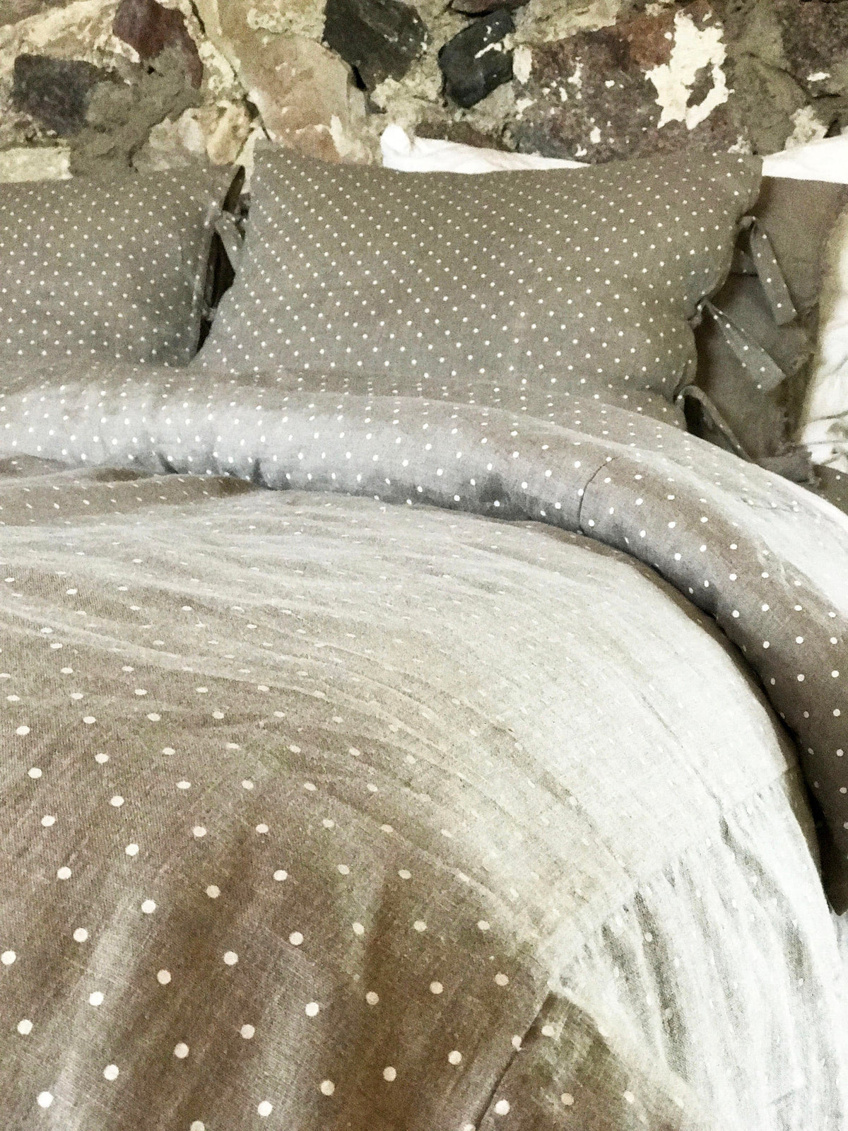 Polka Dot Linen Pillowcases, Set of Two Linen Pillowcases with white polka dots, Sham, Queen, King, Standard by Linenbee Natural Linen