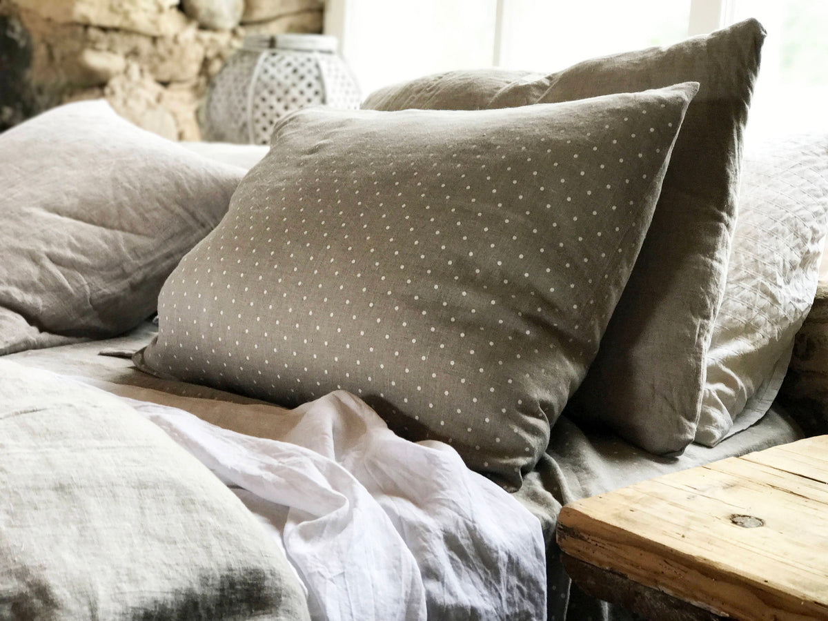 Polka Dot Linen Pillowcases, Set of Two Linen Pillowcases with white polka dots, Sham, Queen, King, Standard by Linenbee Natural Linen