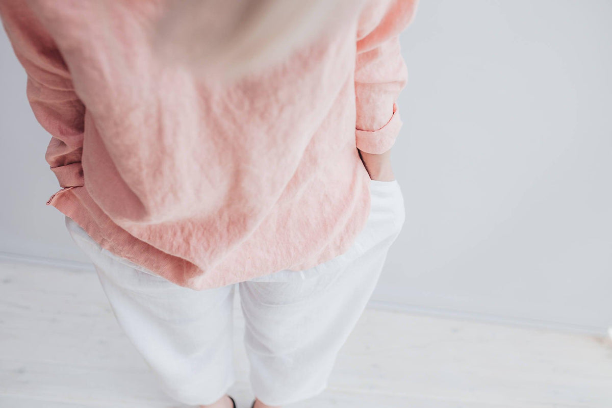 Pink Linen Tunic Top with Long Sleeves, V Neck Top, Linen Top Long Sleeved, Plus size shirt, Plus size top, Linen Shirt with Sleeves