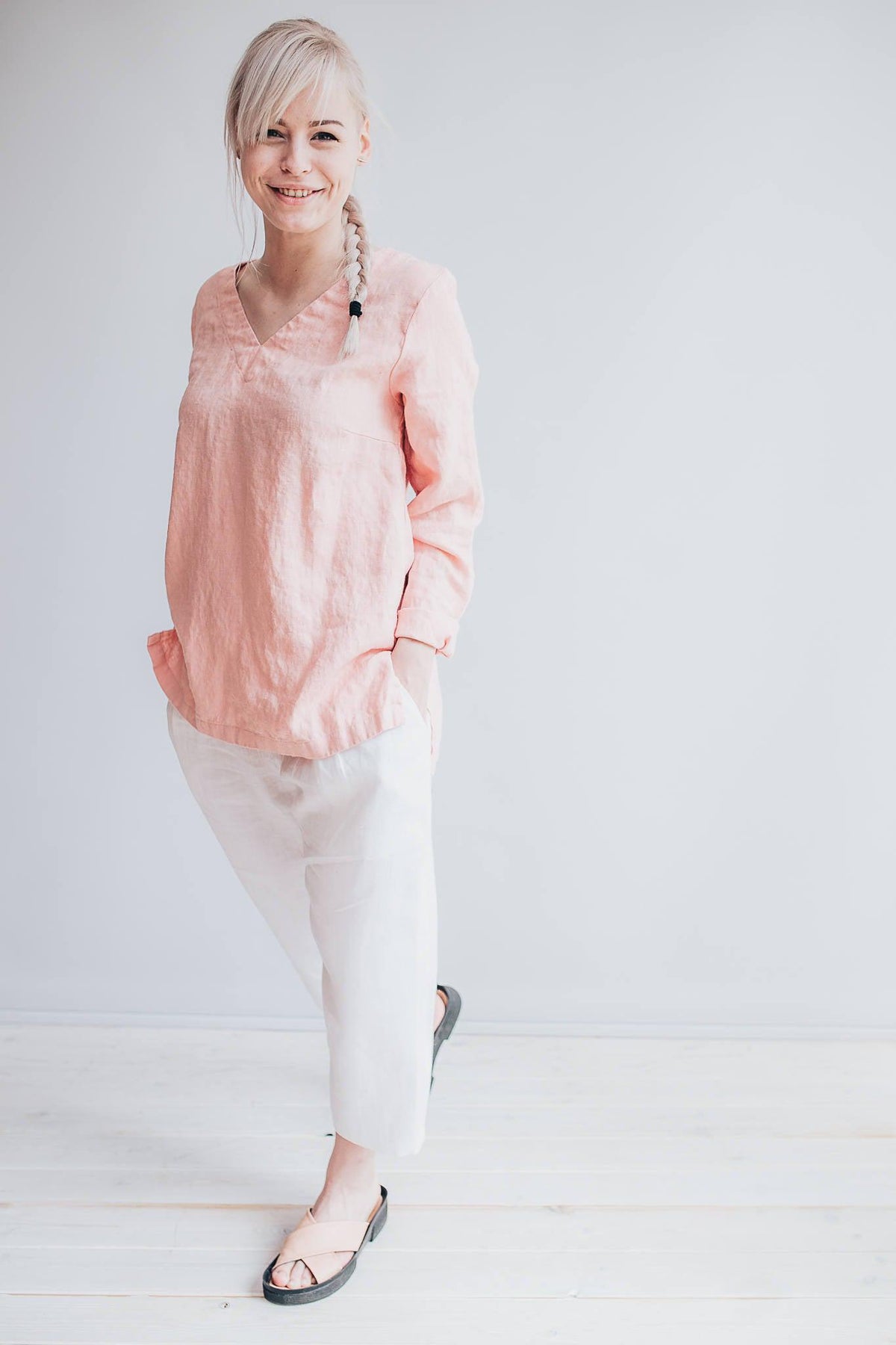 Pink Linen Tunic Top with Long Sleeves, V Neck Top, Linen Top Long Sleeved, Plus size shirt, Plus size top, Linen Shirt with Sleeves