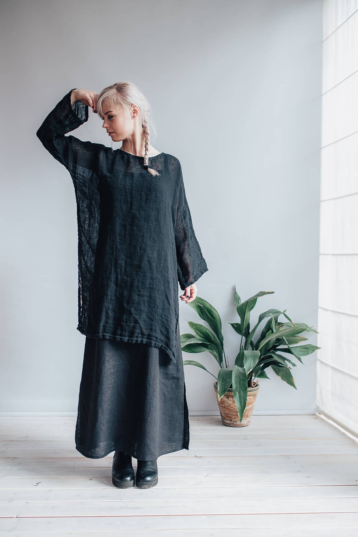 Black Linen Cami Dress, Linen Maxi dress Black