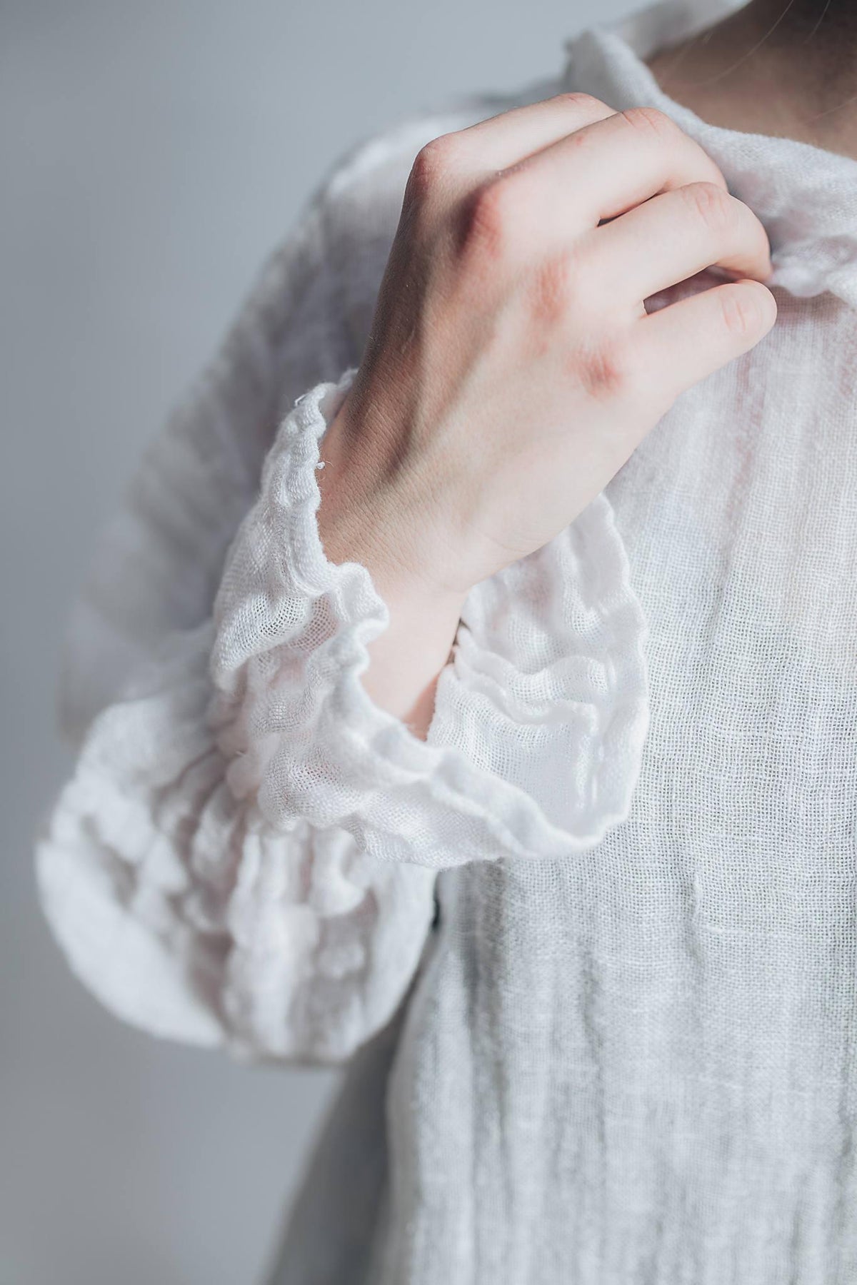 White Gauze Top with Ruffled Cuffs, Linen Blouses For Women, Light Blouse Women, Black Blouse, White Blouse, Gauze Blouse, Gauzy Linen Top