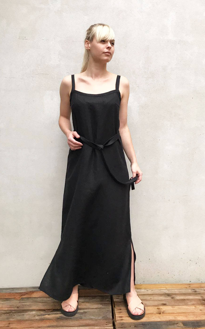 Black Linen Cami Dress, Linen Maxi dress Black - Linenbee