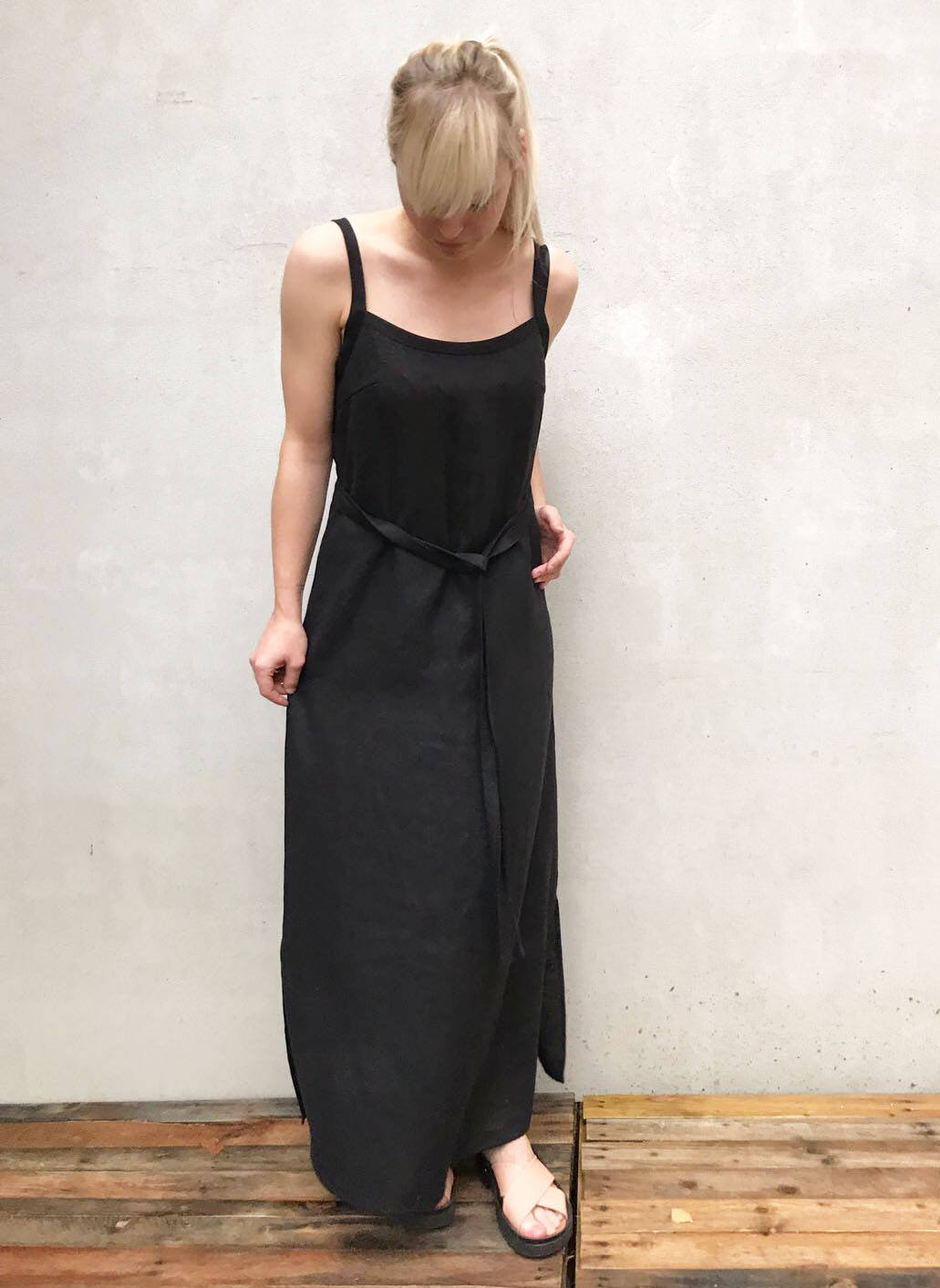 Black Linen Cami Dress, Linen Maxi dress Black - Linenbee