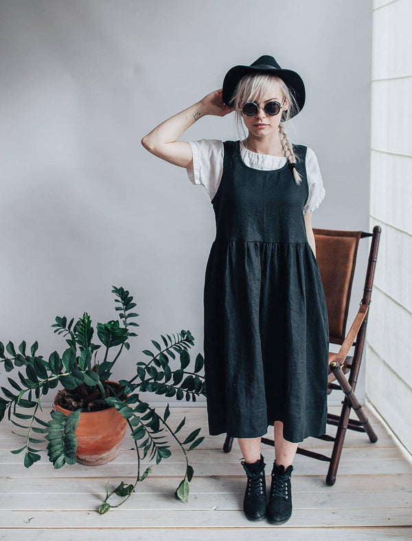 Linen Pinafore Dress, Black Linen Sundress