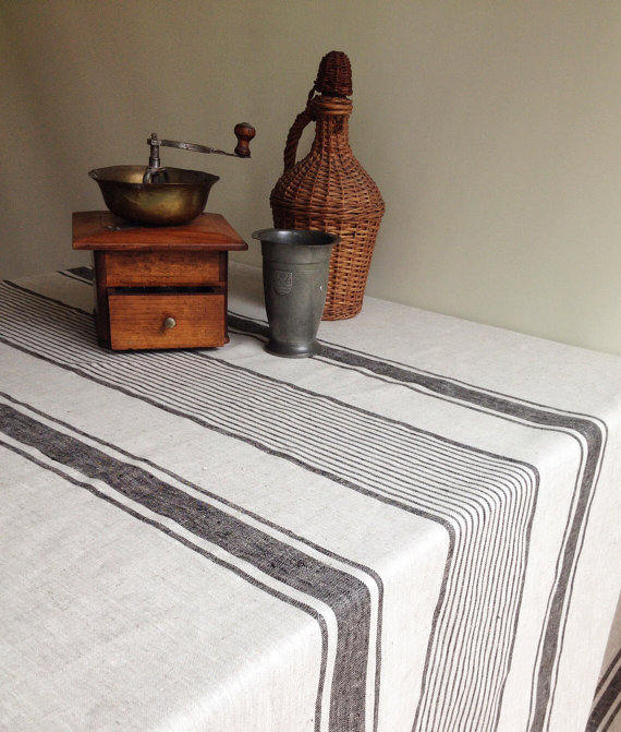 Linen tablecloth, French country dark blue striped table cloth, square tablecloth, rectangle oval rustic table, country tablecloth, linen