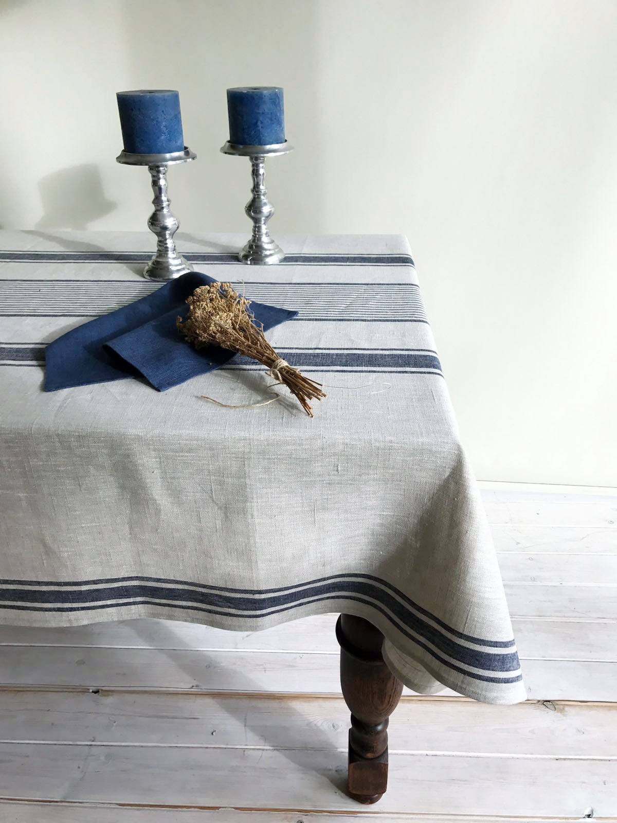 Linen tablecloth, French country dark blue striped table cloth, square tablecloth, rectangle oval rustic table, country tablecloth, linen