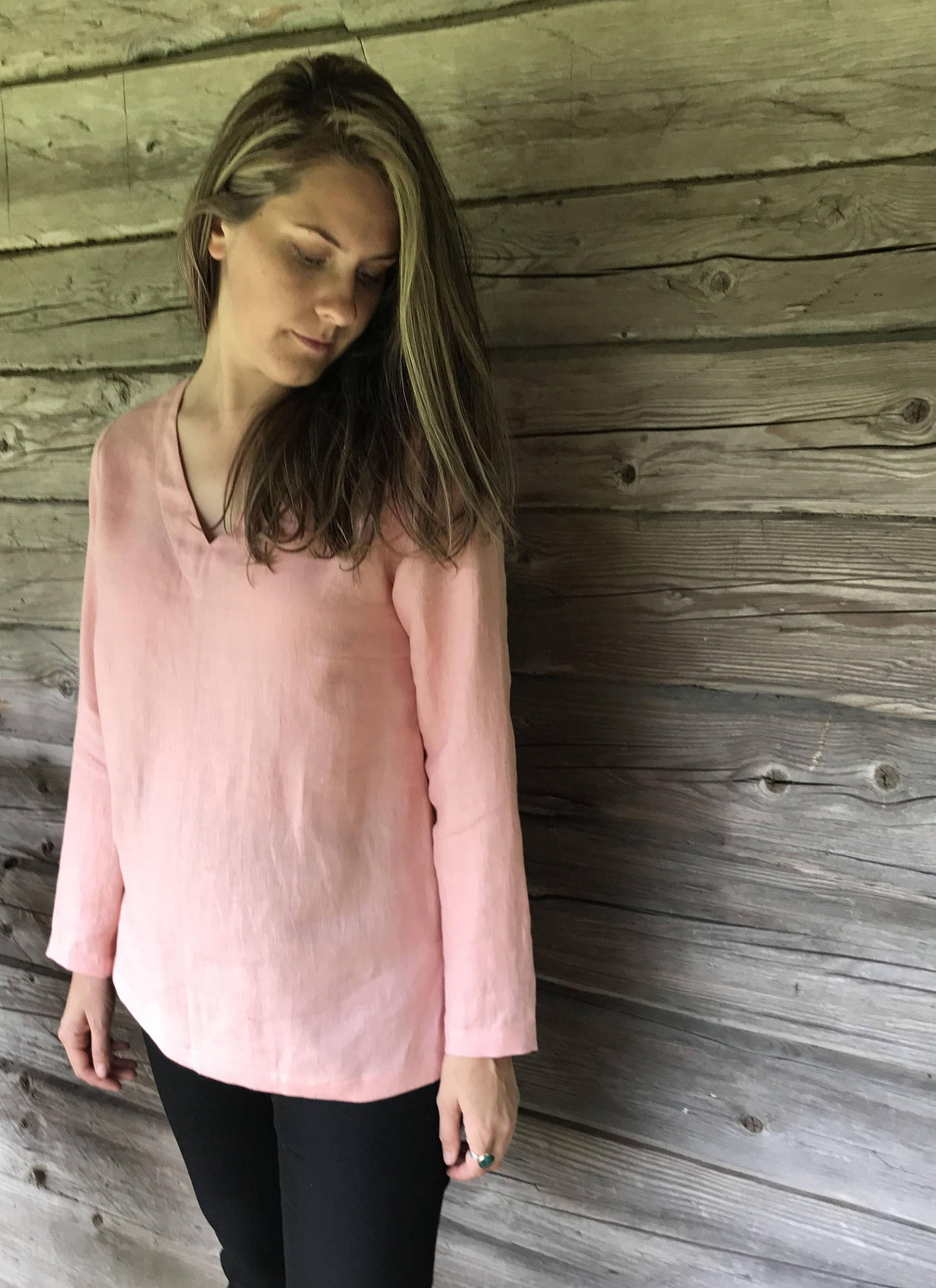 Pink Linen Tunic Top with Long Sleeves, V Neck Top, Linen Top Long Sleeved, Plus size shirt, Plus size top, Linen Shirt with Sleeves