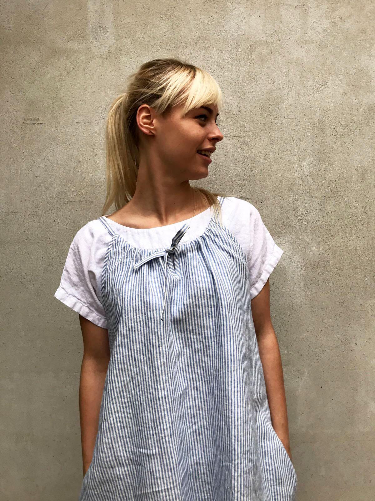 Simple Linen Dress with drawstring neckline, Sleeveless Midi Dress - Linenbee Simple Linen Dress with drawstring neckline, Sleeveless Midi Dress - Linenbee