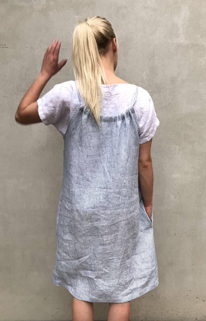 Simple Linen Dress with drawstring neckline, Sleeveless Midi Dress - Linenbee Simple Linen Dress with drawstring neckline, Sleeveless Midi Dress - Linenbee