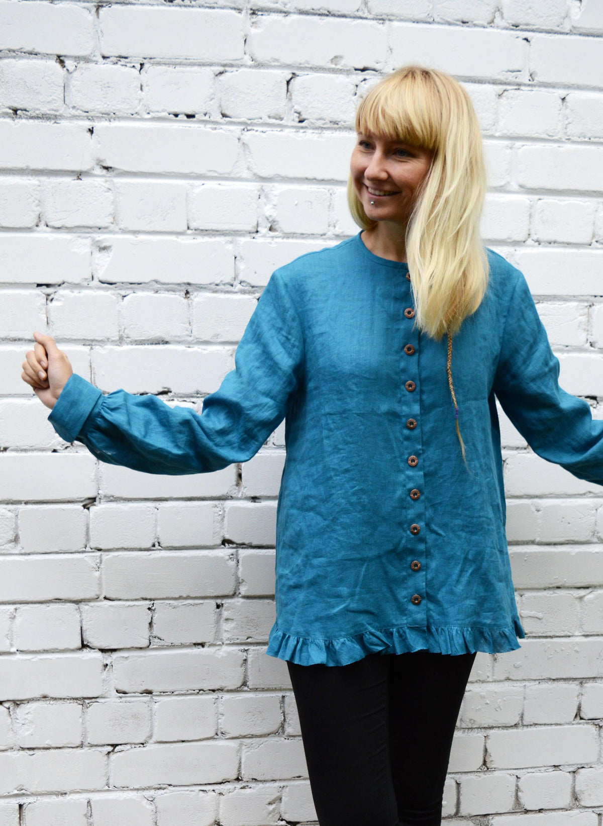 Linen Button up blouse with Ruffle, Loose Linen Jacket women, Linen Top with buttons, Linen Jacket Women, Plus Size Jacket Top Linen