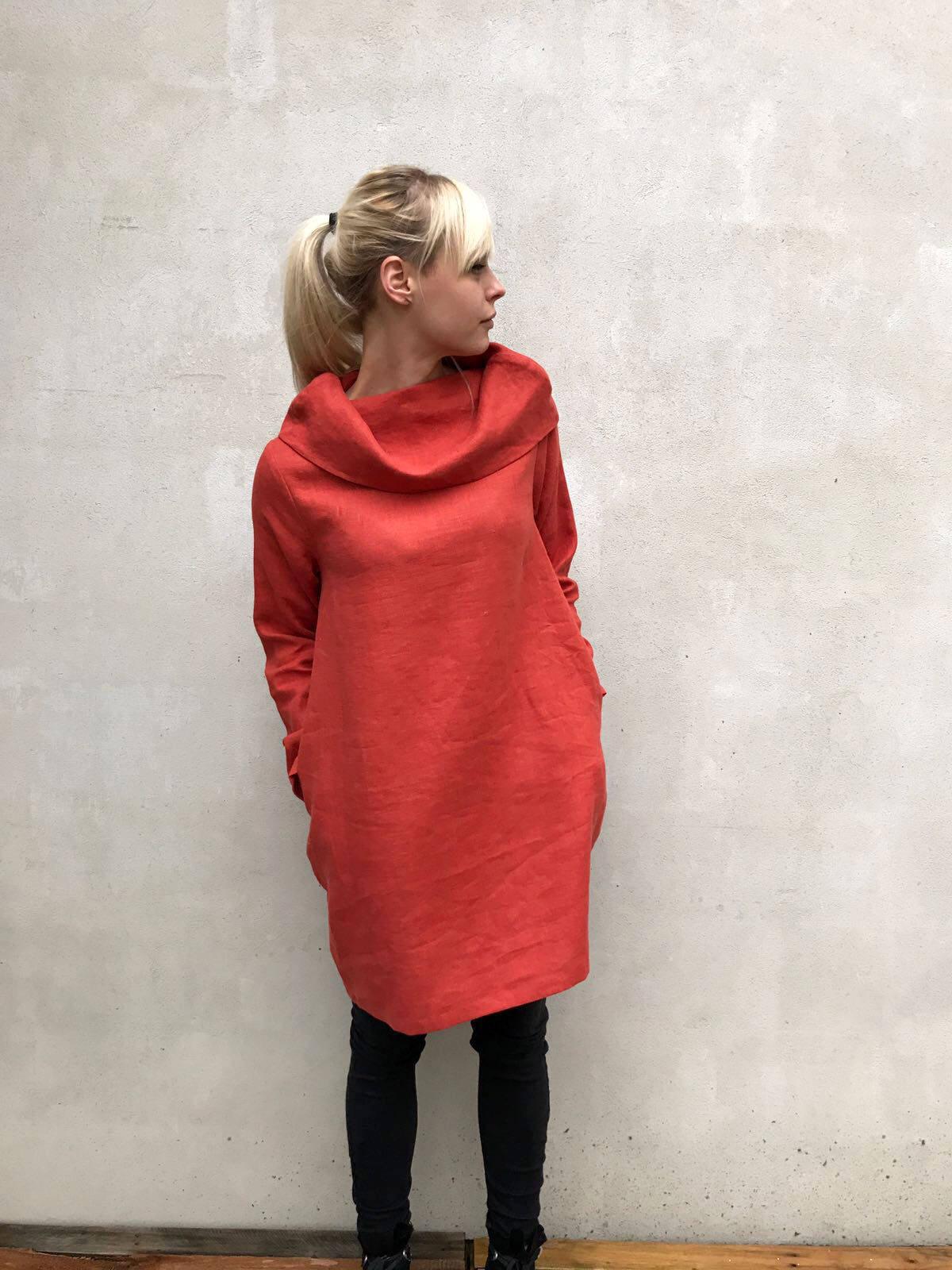 Linen Tunic Dress with Raised Neck, Womens Dress, Linen Dress, Long Sleeve Tunic Dress, Plus size tunic, Linen Dress for Women, Womens tunic