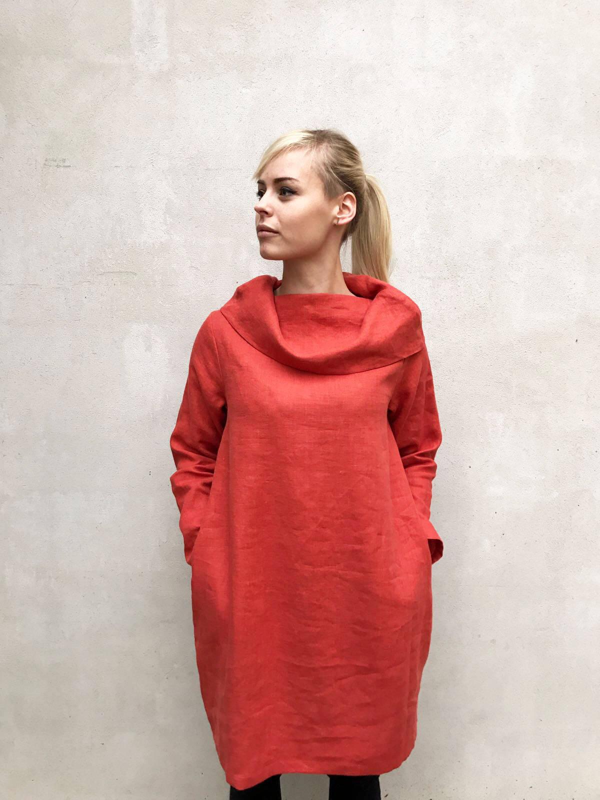 Linen Tunic Dress with Raised Neck, Womens Dress - Linenbee Linen Tunic Dress with Raised Neck, Womens Dress - Linenbee