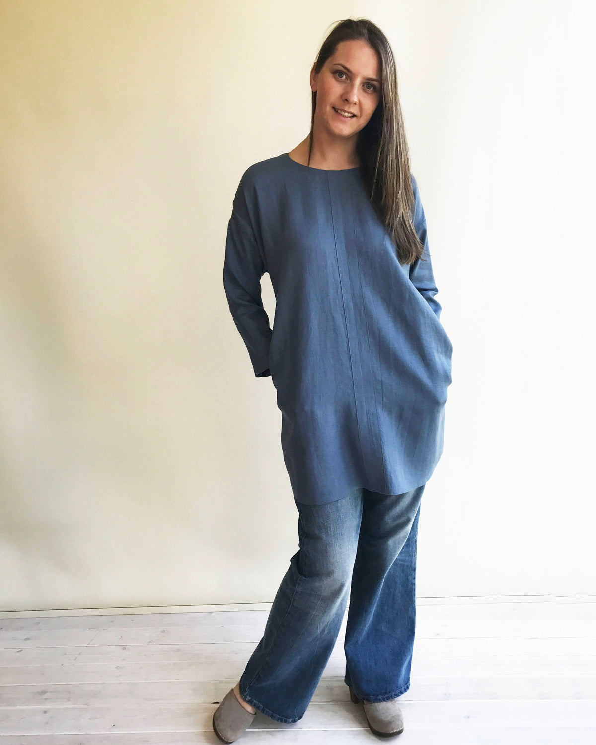Blue Linen Tunic Dress with Long Sleeves Size M