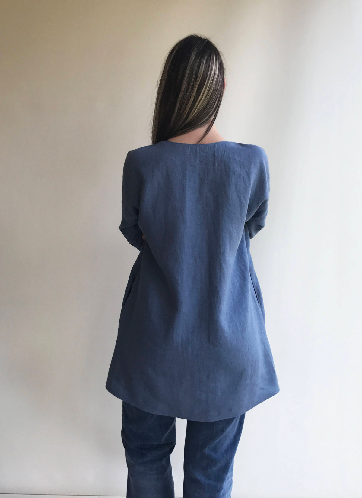 Blue Linen Tunic Dress with Long Sleeves Size M