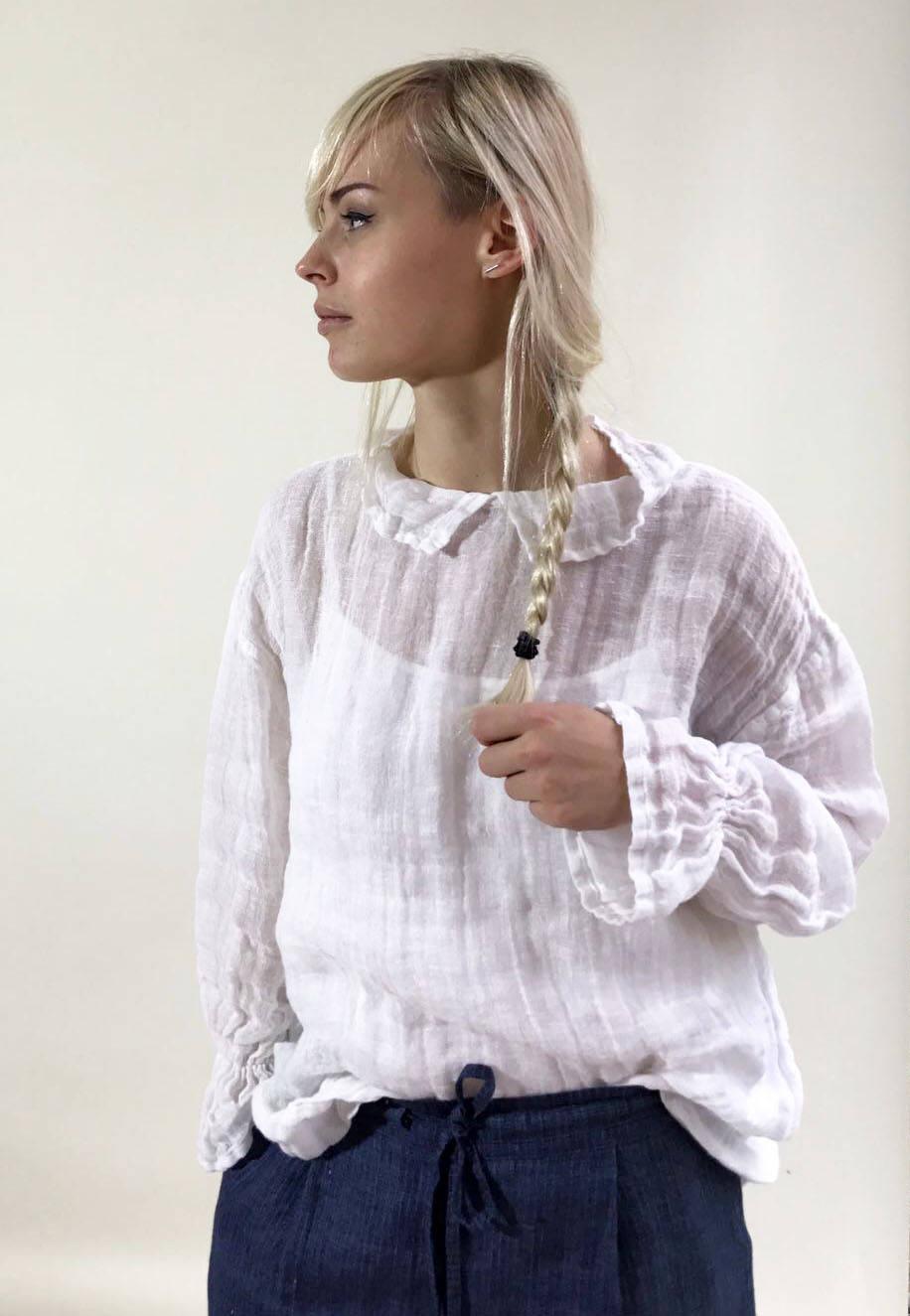 White Gauze Top with Ruffled Cuffs, Linen Blouses For Women - Linenbee