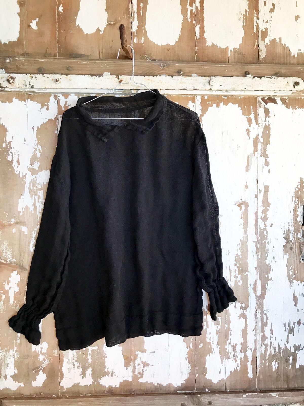 Black Gauze Top with Ruffled Cuffs, Linen Blouses For Women, Light Blouse Women, Black Blouse, White Blouse, Gauze Blouse, Gauzy Linen Top