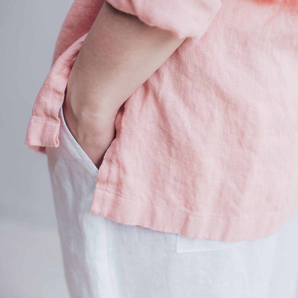 Pink Linen Tunic Top with Long Sleeves, V Neck Top - Linenbee