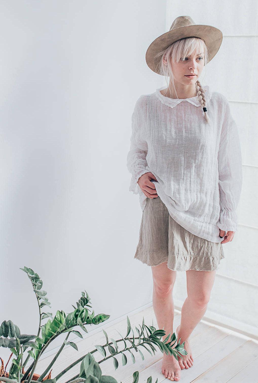 White Gauze Top with Ruffled Cuffs, Linen Blouses For Women, Light Blouse Women, Black Blouse, White Blouse, Gauze Blouse, Gauzy Linen Top