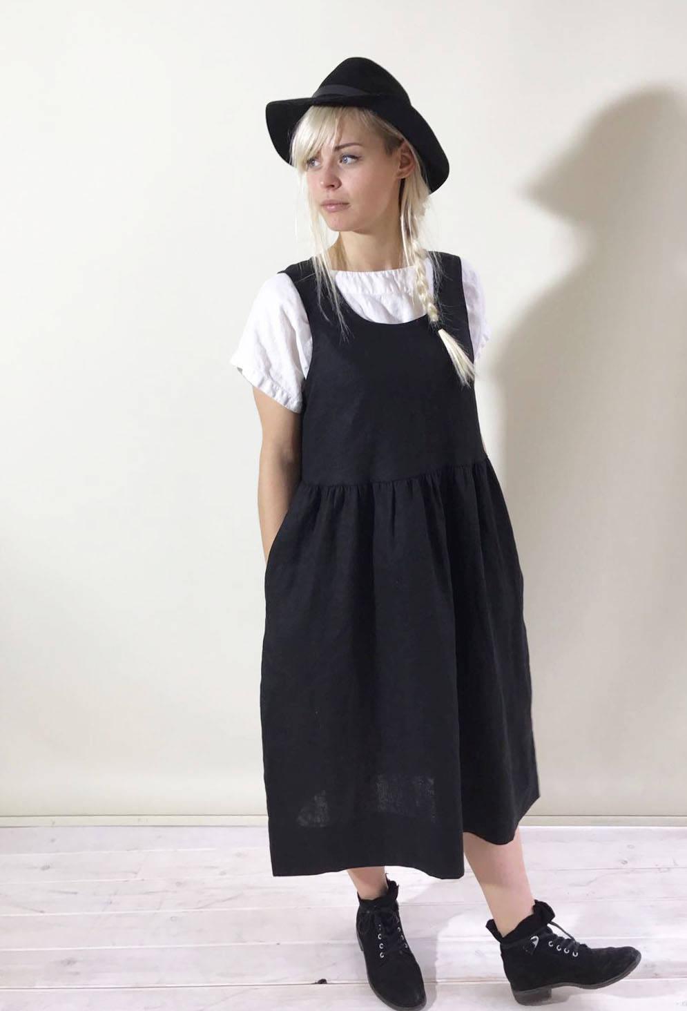 Linen Pinafore Dress, Black Linen Sundress - Linenbee Linen Pinafore Dress, Black Linen Sundress - Linenbee