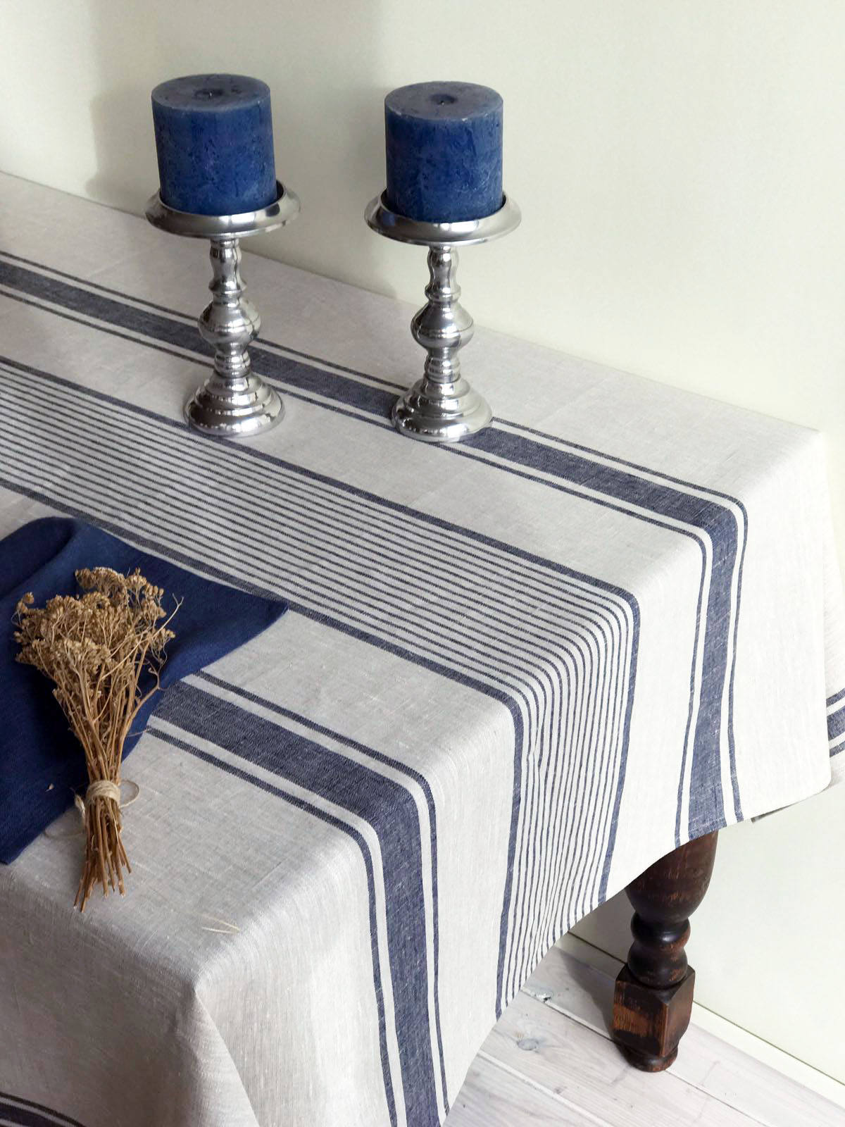 Linen tablecloth, French country bright blue striped table cloth, square tablecloth, rectangle oval rustic table, country tablecloth, linen
