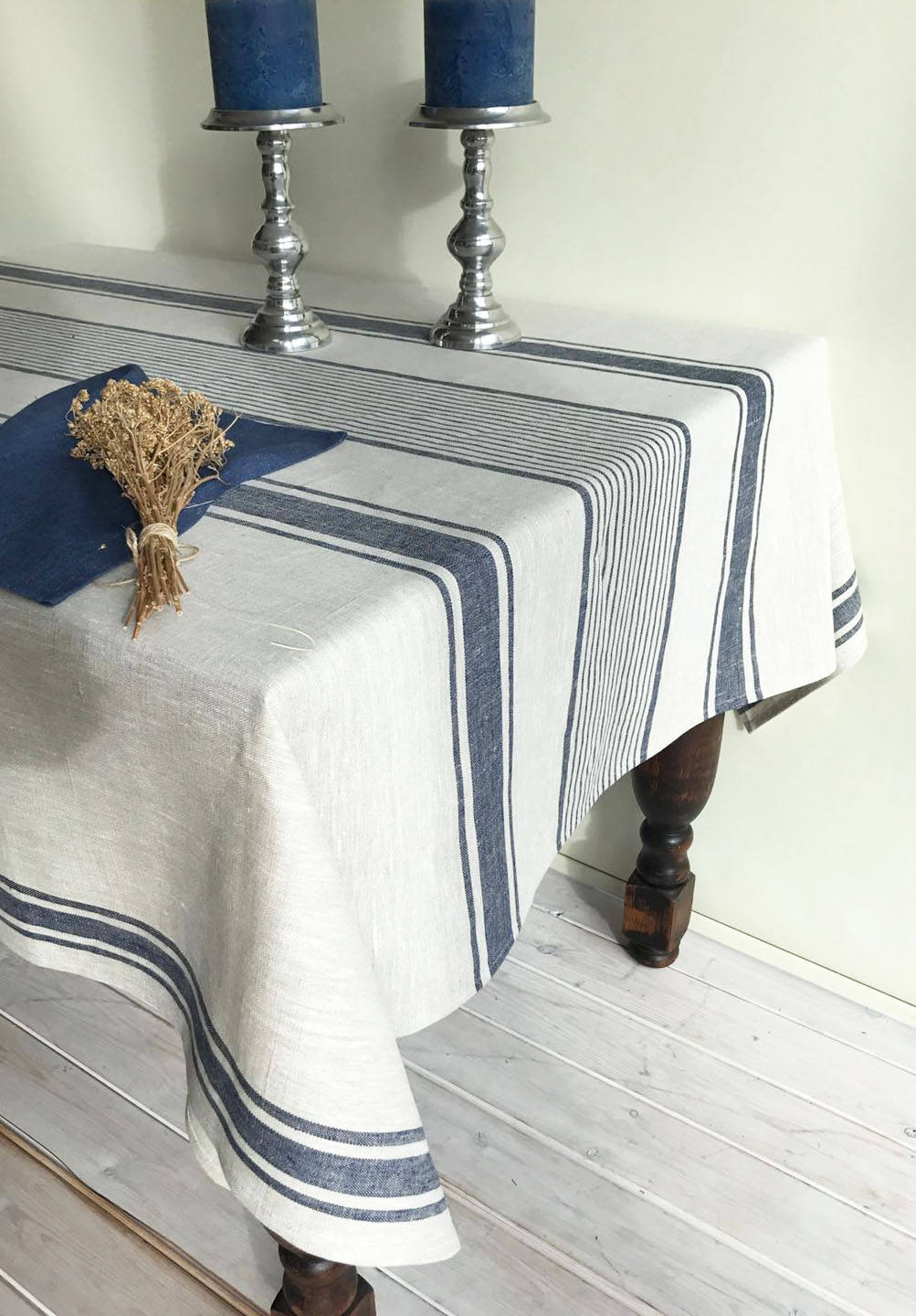 Linen tablecloth, French country bright blue striped table cloth, square tablecloth, rectangle oval rustic table, country tablecloth, linen