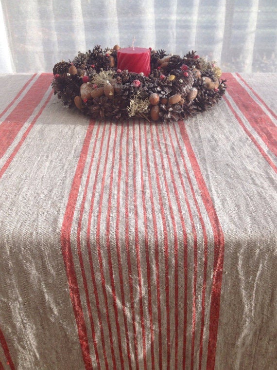 Linen tablecloth, French country rustic table cloth, square tablecloth, oval tablecloth, striped tablecloth, sack linen