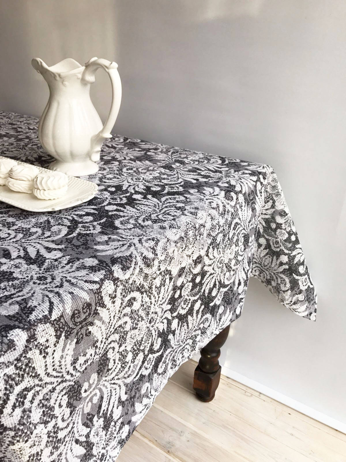 Black Linen tablecloth with printed lace patterns, Silver grey linen tablecloth, rectangle tablecloth, linen table, luxurious patterns