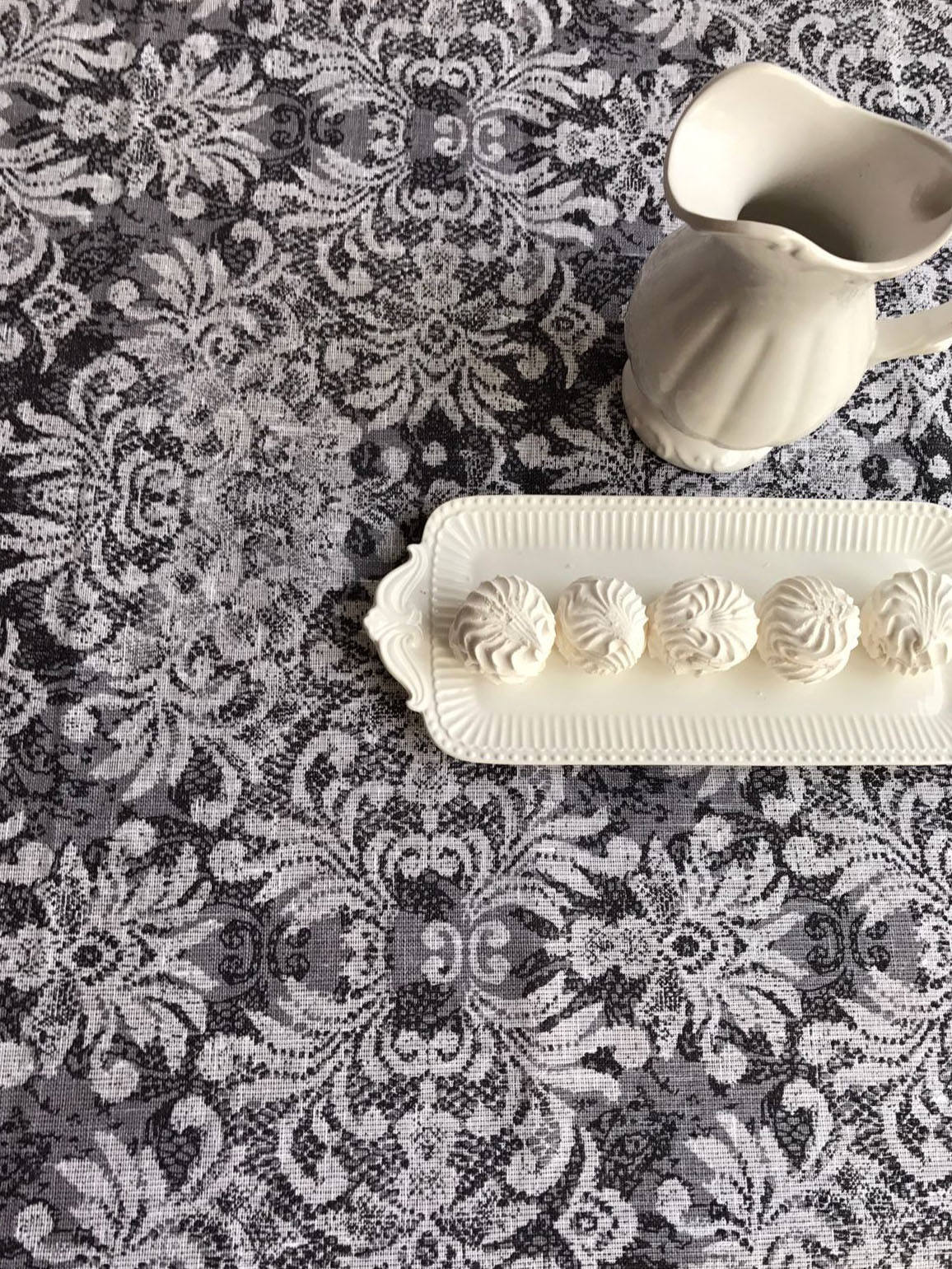 Black Linen tablecloth with printed lace patterns, Silver grey linen tablecloth, rectangle tablecloth, linen table, luxurious patterns