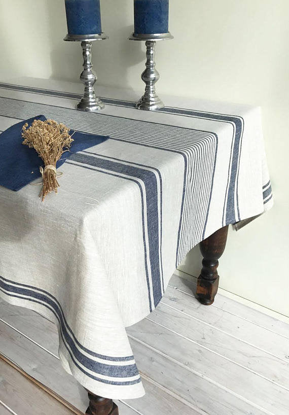 Beige tablecloth with White Stripes, French country, striped table cloth, wedding tablecloth, rectangle rustic table, country tablecloth