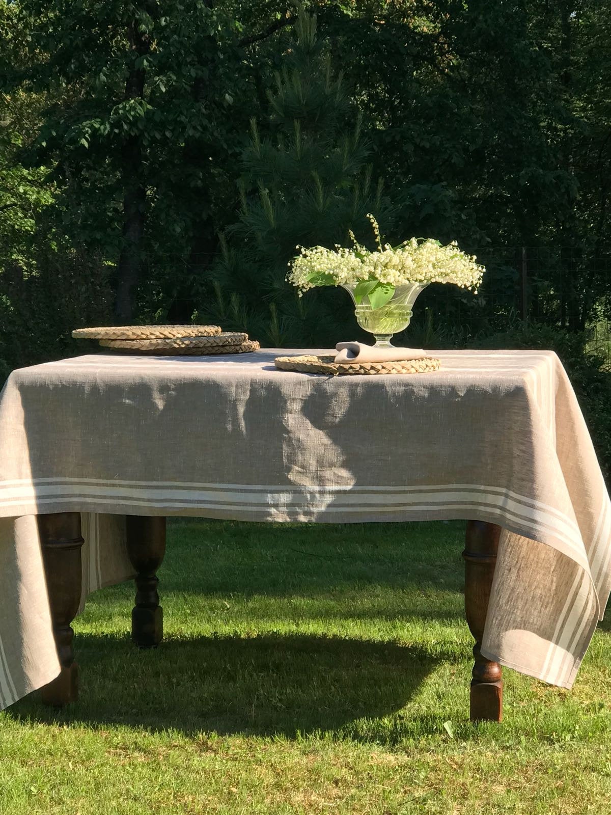 White tablecloth, French country white and beige striped table cloth, wedding tablecloth, rectangle rustic table, country tablecloth