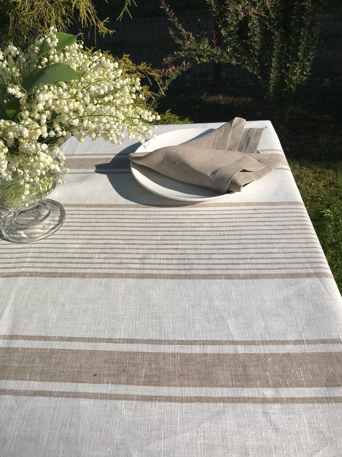 White tablecloth, French country white and beige striped table cloth, wedding tablecloth, rectangle rustic table, country tablecloth