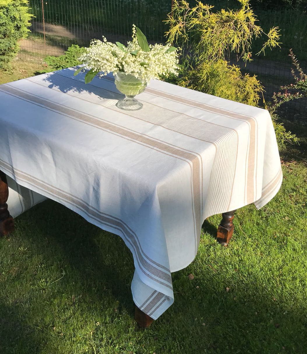 Beige tablecloth with White Stripes, French country, striped table cloth, wedding tablecloth, rectangle rustic table, country tablecloth