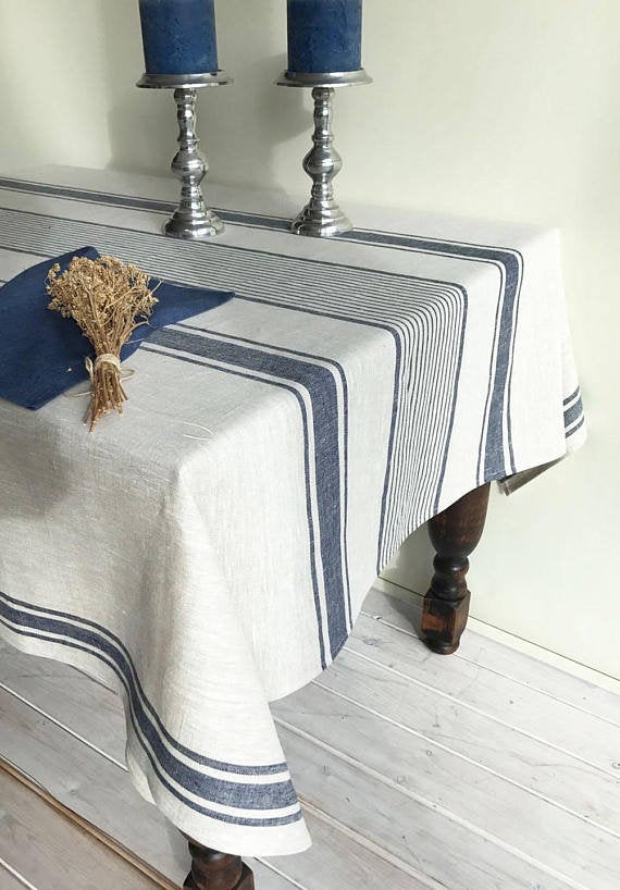White tablecloth, French country white and beige striped table cloth, wedding tablecloth, rectangle rustic table, country tablecloth
