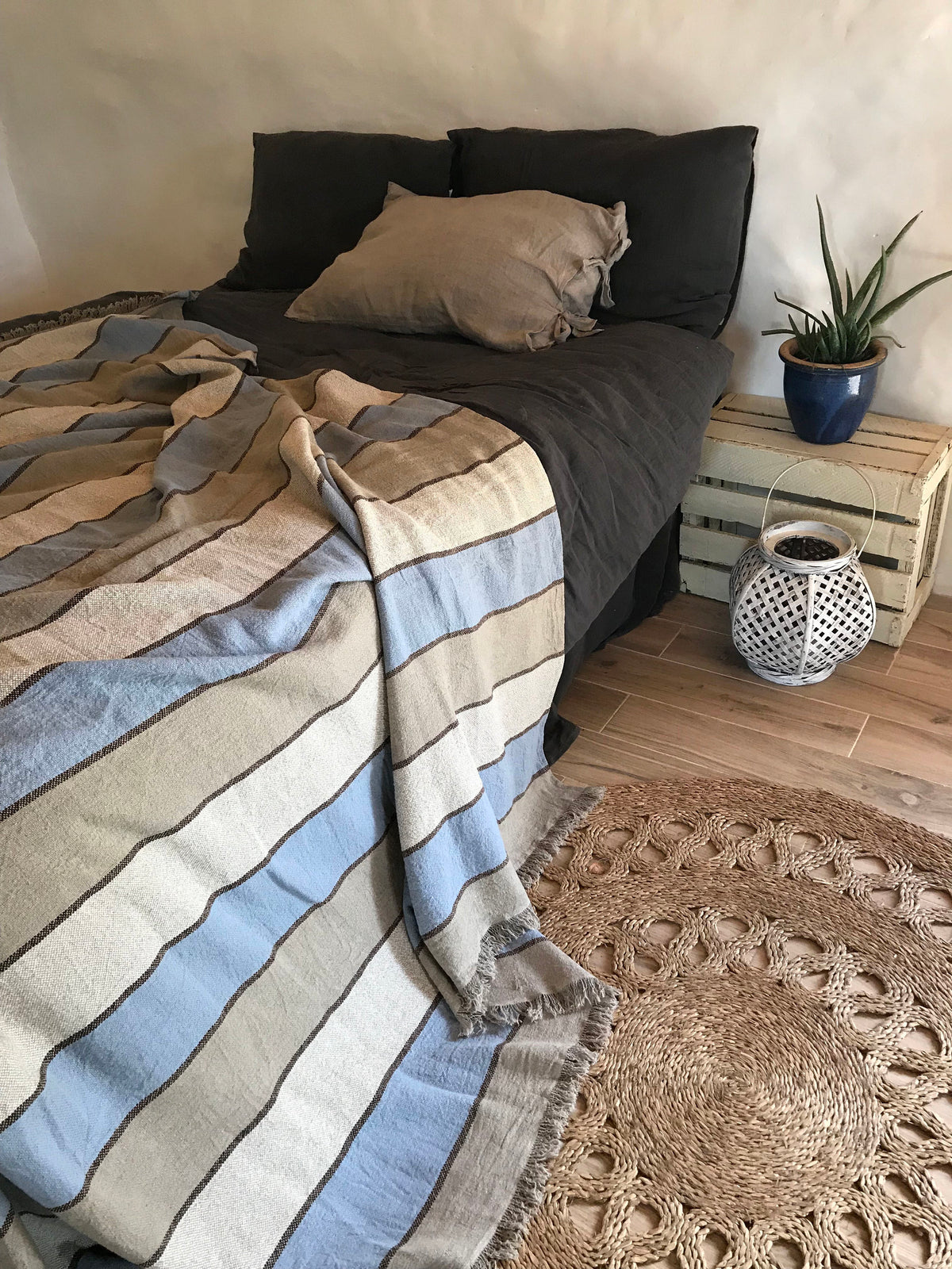 King Size Throw, Striped Linen Bed Cover, Natural Linen Cover, Textured Linen Throw, Linen Blanket, Daybed blanket, Summer Blanket